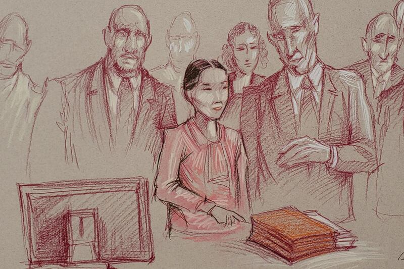 Yujing Zhang, 33, flanked by two U.S. marshals, stands to leave after she was found guilty of lying to a federal officer and trespassing at U.S.President Donald Trump's Mar-a-Lago resort, in a sketch made at U.S. District Court in Fort Lauderdale, Florida, U.S. September 11, 2019. Daniel Pontet via REUTERS.   ATTENTION EDITORS - THIS IMAGE HAS BEEN SUPPLIED BY A THIRD PARTY. MANDATORY CREDIT. NO RESALES. NO ARCHIVES.