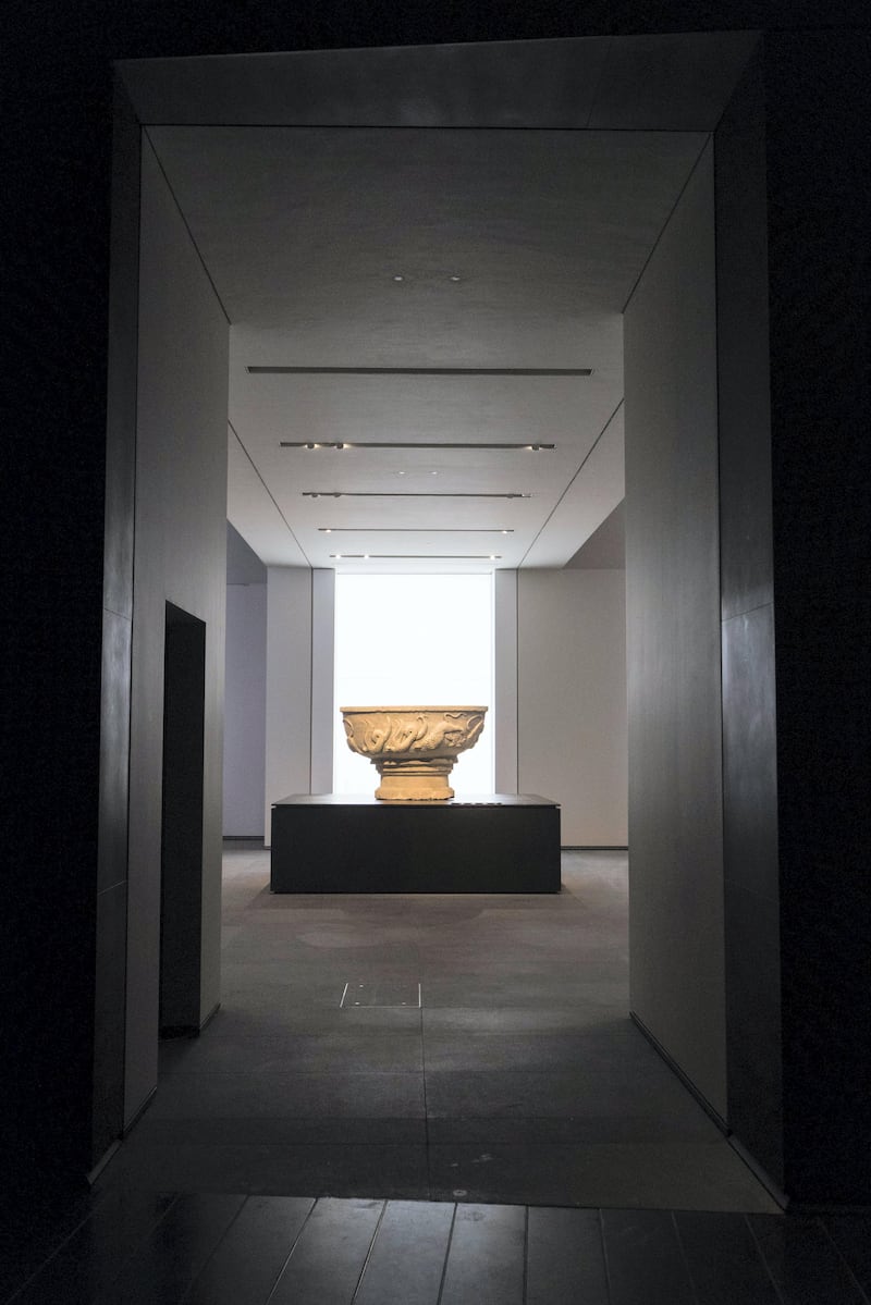 Abu Dhabi, United Arab Emirates, November 6, 2017:    
Basin inscribed with the name of Bonifilius

General view of the Louvre Abu Dhabi during the media tour ahead of opening day on Saadiyat Island in Abu Dhabi on November 6, 2017. The Louvre Abu Dhabi will open November 11th. Christopher Pike / The National

Reporter: Mina Aldroubi
Section: News