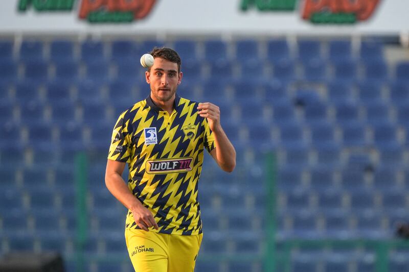 Peter Hatzoglou grabbed three wickets for six runs in Team Abu Dhabi’s win over Morrisville Samp Army in the Abu Dhabi T10 at the Zayed Cricket Stadium on Tuesday, November 29, 2020. Photo: T10