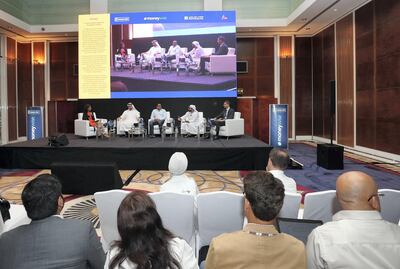 Dubai, United Arab Emirates - June 26th, 2018: L-R Ambareen Musa, Founder and CEO of souqalmal.com, Tariq Bin Hendi, Executive Vice President and Head of Wealth Products & Advisory for Retail Banking & Wealth Management, Emirates NBD Group, Jayash Patel, Head of Liv, Hussain Al Balooshi, acting senior Program Manager Emirates Foundation for Youth Development and Daniele Lavalle, Head of Product Development & Data Operations, Al Etihad Credit Bureau speak at Manage Your Money, Build Your Future event. Tuesday, June 26th, 2018 in Emirates Towers, Dubai. Chris Whiteoak / The National