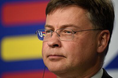 Executive Vice President and European Commissioner for Trade Valdis Dombrovskis addresses a press conference. AFP