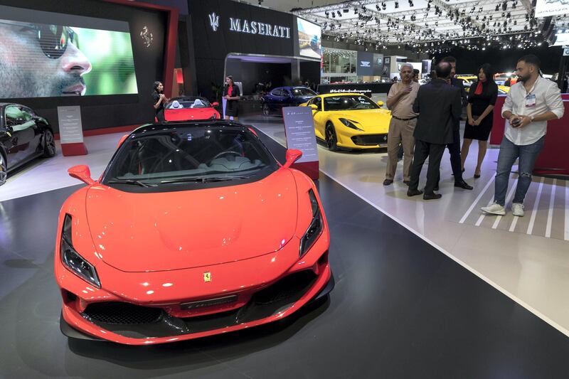 DUBAI, UNITED ARAB EMIRATES. 12 November 2019. Ferrari at the Dubai Motor Show opening day. (Photo: Antonie Robertson/The National) Journalist: Nic Webster. Section: National.
