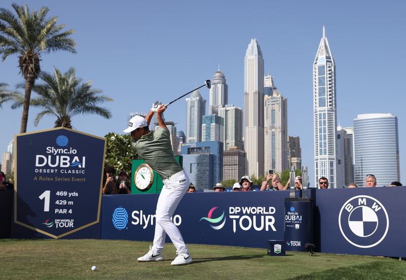 Viktor Hovland of Norway plays his tee-shot on the first hole of Day 4 at the Dubai Desert Classic. Getty