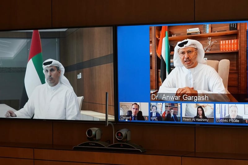 Dr Anwar Gargash, Minister of State for Foreign Affairs, speaks during a virtual UAE-France Strategic Dialogue, co-chaired by Khaldoon Al Mubarak, Chairman of the Executive Affairs Authority of Abu Dhabi, and Francois Delattre, Secretary-General of the French Ministry for Europe and Foreign Affairs. Wam