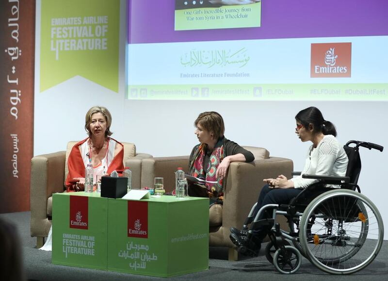 Journalist Christina Lamb appeared on stage for the first time with the subject of her book, teenage refugee Nujeen Mustafa. Courtesy Emirates Airline Festival of Literature