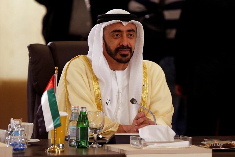 United Arab Emirates' Foreign Minister Sheikh Abdullah bin Zayed Al-Nahyan attends informal talks between Arab foreign ministers on the latest regional developments, at the King Hussein Convention Centre at the Dead Sea, Jordan January 31, 2019. REUTERS/Muhammad Hamed