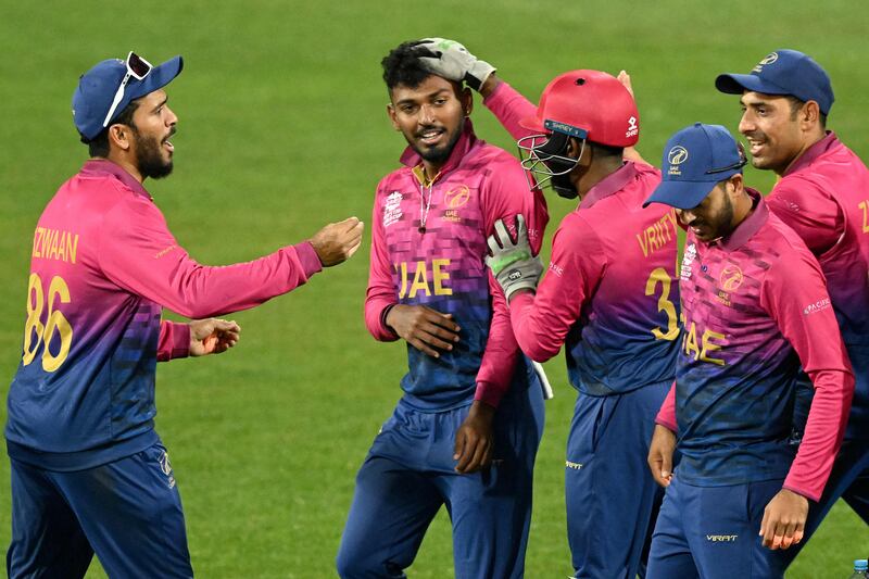 UAE's Karthik Meiyappan celebrates his hat-trick against Sri Lanka during their T20 World Cup match at the Kardinia Park in Geelong on Tuesday, October 18, 2022. AFP