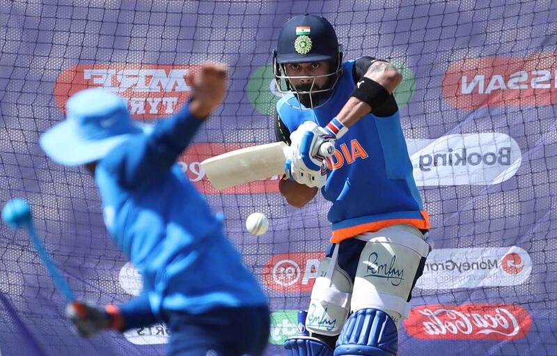 India's captain Virat Kohli bats in the nets during a training session ahead of their Cricket World Cup match against South Africa at Ageas Bowl in Southampton, England, Saturday, June 1, 2019. (AP Photo/Aijaz Rahi)
