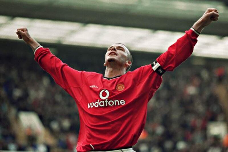 29 Sep 2001:  Manchester United Captain David Beckham celebrates scoring Man Utd's 5th goal during the FA Barclaycard Premiership match against Tottenham Hotspur played at White Hart Lane in London, England.  Man Utd won the match 5 - 3. \ Mandatory Credit: Ben Radford /Allsport