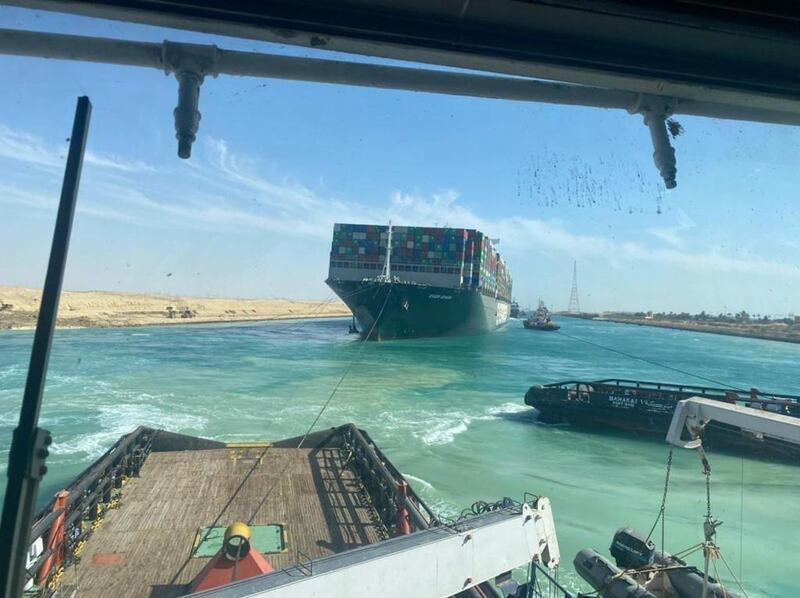 A handout photograph made available by the Suez Canal Authority shows the Ever Given container ship after it was refloated in the Suez Canal, Egypt.  EPA