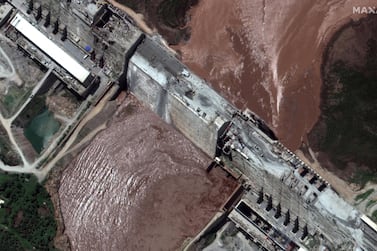A satellite image taken on June 26, 2020 shows a close-up view of the Grand Ethiopian Renaissance Dam on the Blue Nile. Maxar Technologies via Reuters