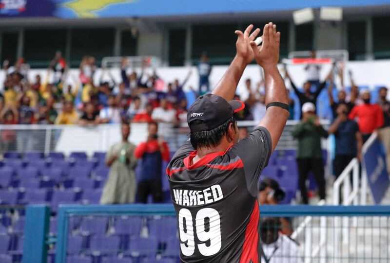 Abu Dhabi, United Arab Emirates, October 27, 2019.  
T20 UAE v Canada-AUH-
-- Waheed Ahmed thanks the UAE fans after they beat Canada.
Victor Besa/The National
Section:  SP
Reporter:  Paul Radley