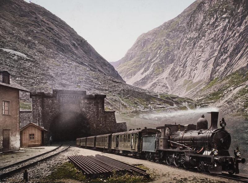 A steam train runs through the Gotthard Tunnel in Switzerland, 1901. Courtesy Swiss Camera Museum.