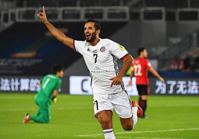 epa06379747 Ali Mabkhout of Al Jazira celebrates after scoring the 1-0 lead during the FIFA Club World Cup quarter final match between Al Jazira Club and Urawa Red Diamonds in Abu Dhabi, UAE, 09 December 2017. Al Jazira won 1-0.  EPA/MARTIN DOKOUPIL