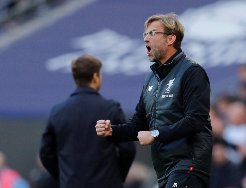 Soccer Football - Premier League - Tottenham Hotspur vs Liverpool - Wembley Stadium, London, Britain - October 22, 2017   Liverpool manager Juergen Klopp reacts   REUTERS/Eddie Keogh    EDITORIAL USE ONLY. No use with unauthorized audio, video, data, fixture lists, club/league logos or "live" services. Online in-match use limited to 75 images, no video emulation. No use in betting, games or single club/league/player publications. Please contact your account representative for further details.