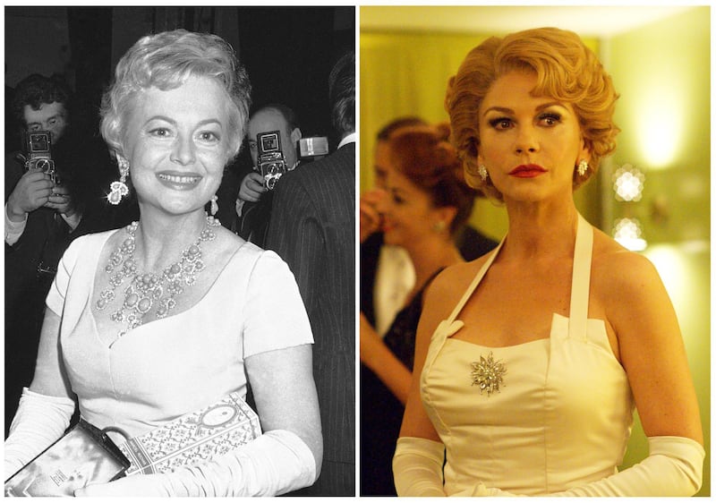 In this combination photo, actress Olivia de Havilland appears in Rome on Oct. 4, 1968, left, and actress Catherine Zeta-Jones portrays de Havilland in a scene from the FX series, "Feud: Betty and Joan." A California appeals court has thrown out a lawsuit by 101-year-old actress Olivia de Havilland against the creators of the FX Networks show â€œFeud: Betty and Joan.â€ De Havilland claims that she should have been compensated and asked permission for the use of her likeness on the show. (AP Photo, left, FX via AP)