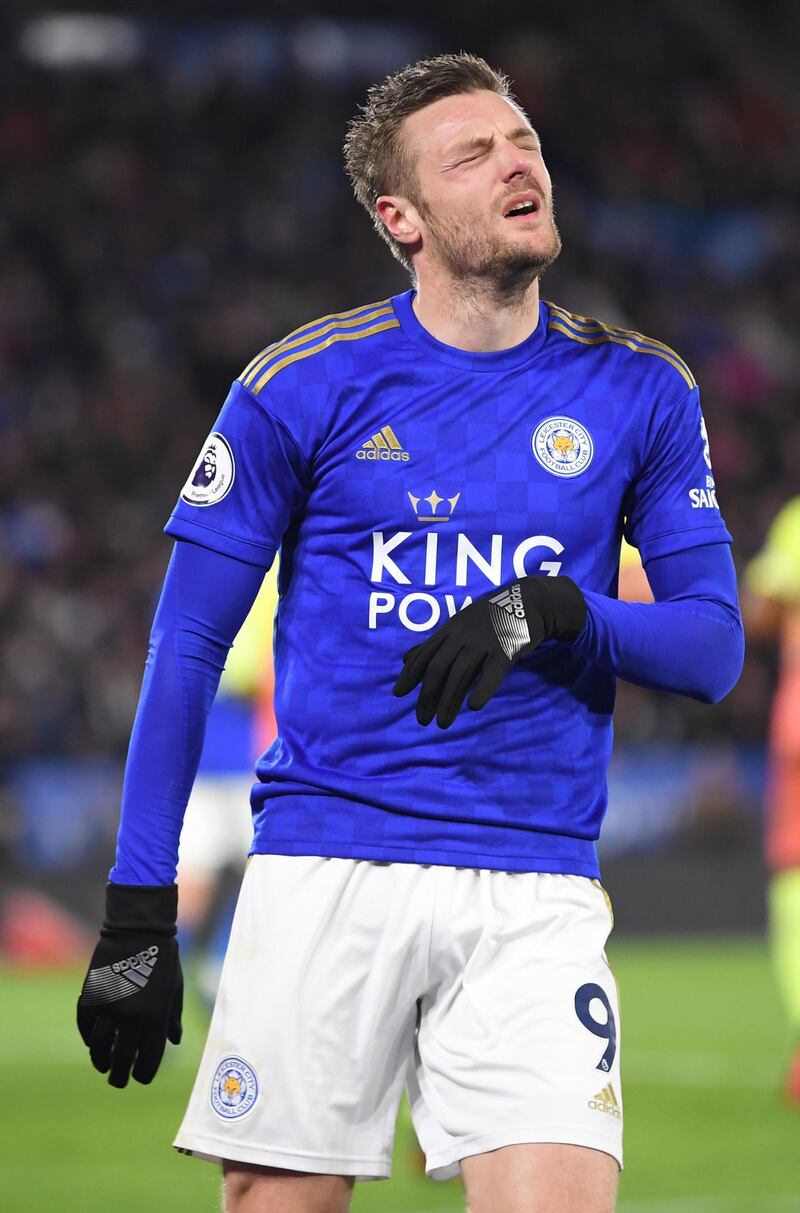 Leicester striker Jamie Vardy during the Premier League match against Manchester City at The King Power Stadium. Getty