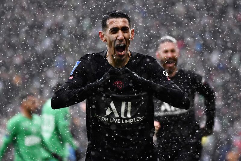 Angel Di Maria celebrates after scoring Paris Saint-Germain's second goal in the 3-1 Ligue 1 win against Saint-Etienne at the Stade Geoffroy-Guichard on Sunday, November 28. AFP