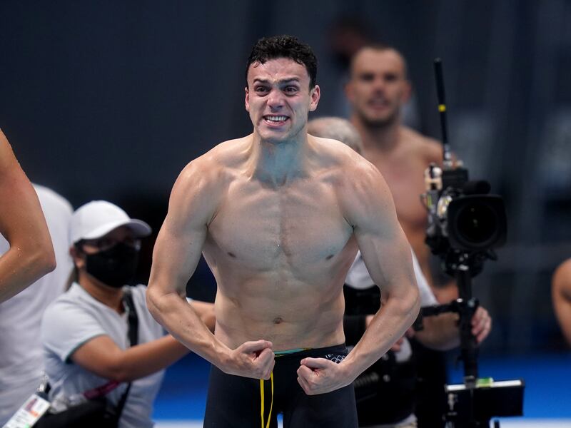 Great Britain's James Guy celebrates gold in the Men's 4x200 freestyle relay.