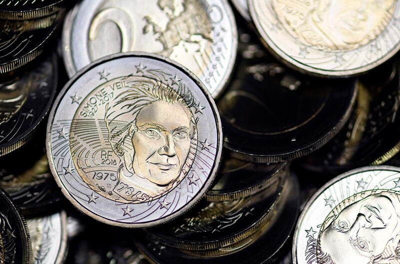 A two euros coin showing the effigy of Simone Veil, is pictured on June 14, 2018, in Paris / AFP / ALAIN JOCARD
