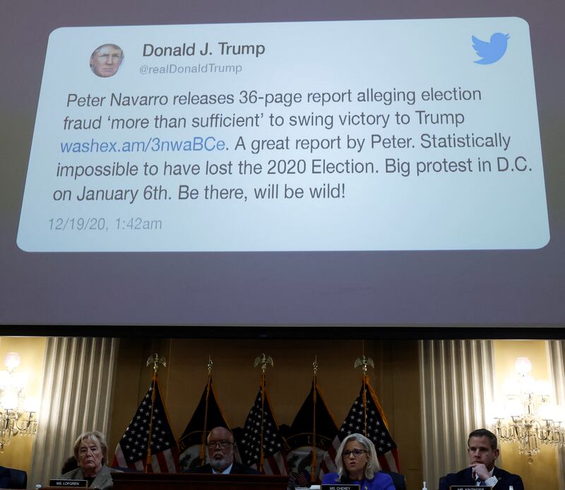 A tweet of former US president Donald Trump claiming voter fraud is displayed during the hearing. Reuters