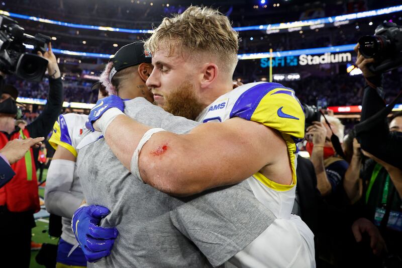 Los Angeles Rams wide receiver Odell Beckham Jr. and Los Angeles Rams wide receiver Cooper Kupp, right, embrace. EPA