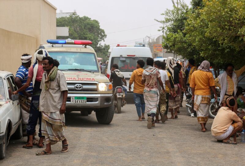 Ambulances transport casualties of strikes on Al Anad airbase to the Ibn Khaldun hospital in Yemen's government-held southern province of Lahij. AFP