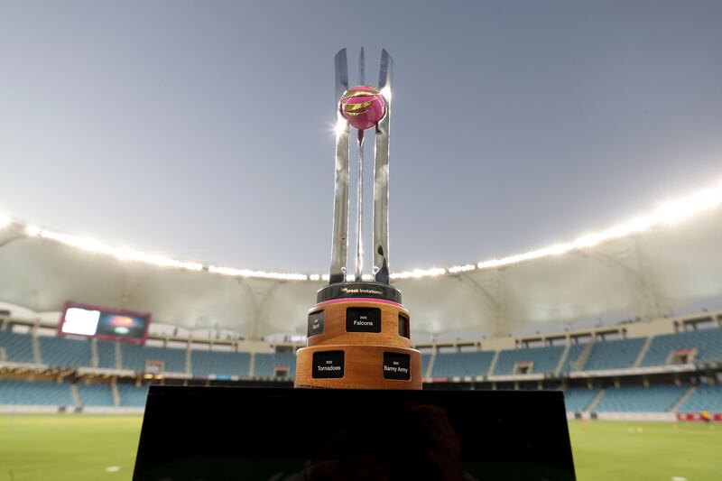 The trophy on display at the opening ceremony before the FairBreak Invitational, T20 cricket tournament at the Dubai International Stadium.