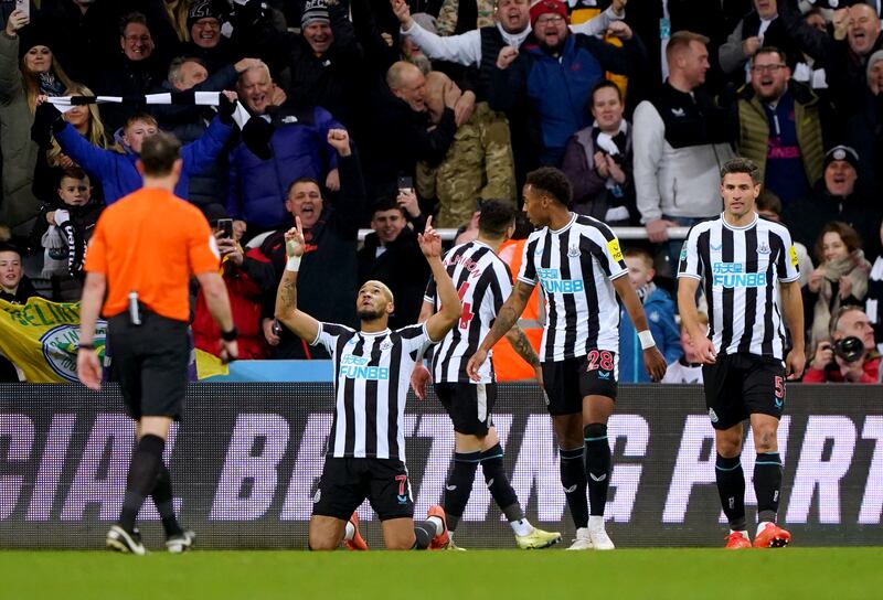 Newcastle United's Joelinton celebrates scoring their second goal in the 2-0 League Cup quarter-final win against Leicester City at St James' Park on January 10, 2023. PA