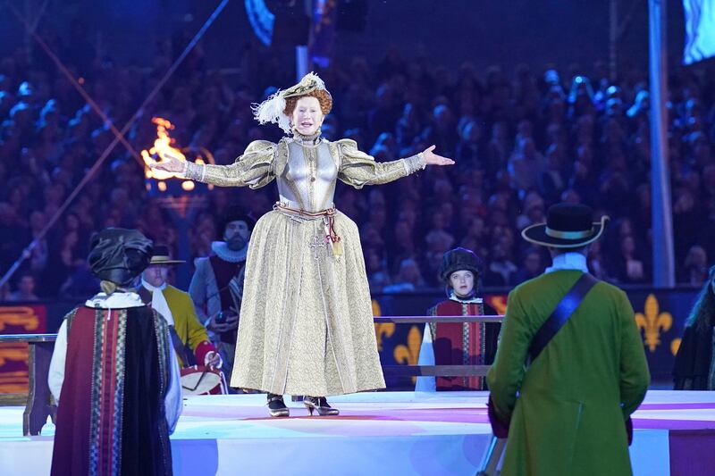 Dame Helen Mirren, dressed as Queen Elizabeth I, performs during A Gallop Through History. AP