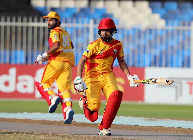 Sharjah, United Arab Emirates - Reporter: Paul Radley. Sport. Cricket. Abu Dhabi's Osama Hasan Shah bats. The second season of the Emirates D10, Abu Dhabi v Dubai. Saturday, April 4th, 2021. Sharjah. Chris Whiteoak / The National