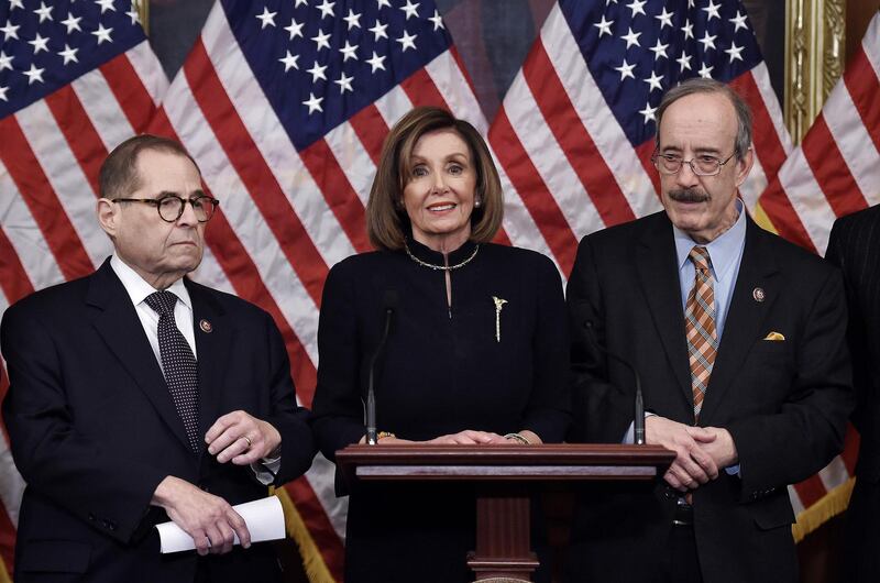 US Speaker of the House Nancy Pelosi and House Judiciary Chairman Jerry Nadler hold a press conference after the House passed Resolution 755, Articles of Impeachment Against President Donald Trump, in Washington, DC, on December 18, 2019.  AFP