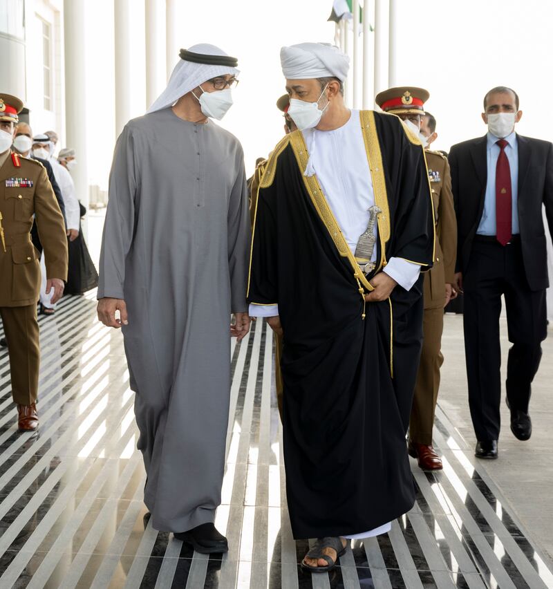 Sheikh Mohamed and Sultan Haitham bin Tariq of Oman at the Presidential Airport in Abu Dhabi on May 14, 2022. Photo: Ministry of Presidential Affairs