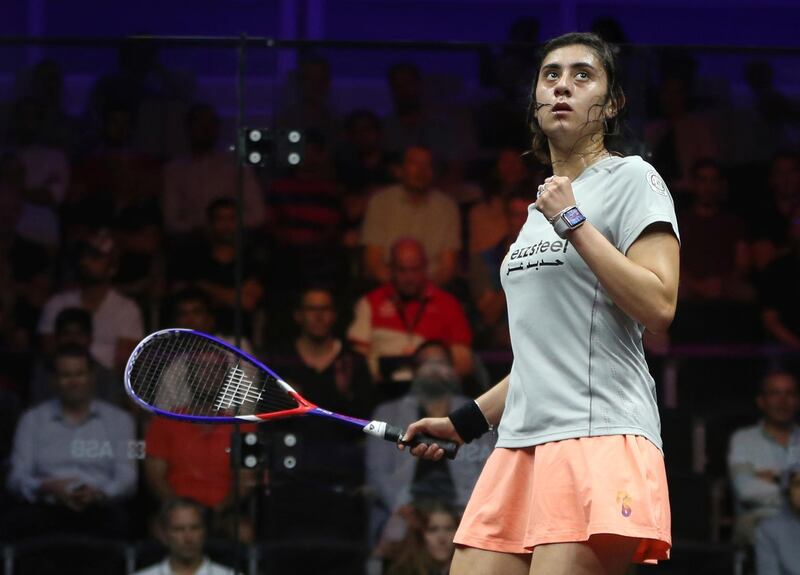 Nour El Sherbini of Egypt reacts after she scored a point against Joelle King of New Zealand, during the Dubai World Series Finals squash tournament in Dubai, United Arab Emirates, Tuesday, June 5, 2018. (AP Photo/Kamran Jebreili)
