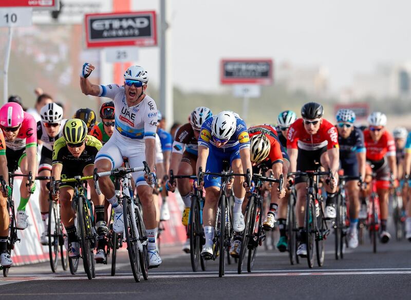 Madinat Zayed, Abu Dhabi, UAE, February 21, 2018.  First stage of the Abu Dhabi Tour 2018, Al Fahim Stage.  Alexander Kristoff raises his hand in victory.
Victor Besa / The National
Sports
Reporter:  Amith Passela
