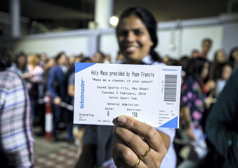 DUBAI, UNITED ARAB EMIRATES -Showing the ticket for the Papal Mass on February 3, 2018 in Zayed Sports City in Abu Dhabi at St. Mary's Catholic Church, Oud Mehta.  Leslie Pableo for The National for Patrick Ryan's story