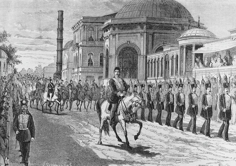 The Ottoman Sultan Abdul Hamid II in Constantinople during the celebrations for his accession to the throne in September 1876, in an engraving by Antonio Bonamore.  DeAgostini / Getty Images