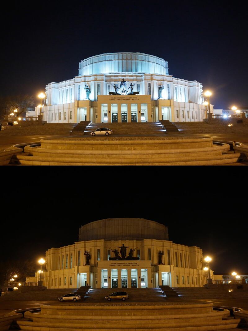 Belarus: Shots of the Bolshoi Opera and Ballet Theatre of Belarus with lights on and off in Minsk. EPA