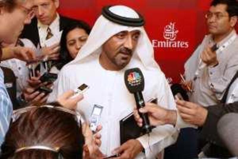 Dubai, 5th May 2009.  HH Sheikh Ahmed bin Saeed Al Maktoum (Chairman and Chief Executive, Emirates Airline & Group) speaks to journalists after the signing agreement, at the ATM.  (Jeffrey E Biteng / The National)  Editor's Note;  Ivan G reports. *** Local Caption ***  JB05-ATMemirates.jpgJB05-ATMemirates.jpg