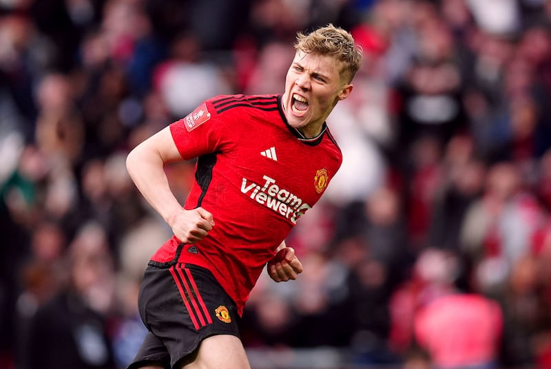 Manchester United's Rasmus Hojlund celebrates after scoring the winning shoot-out penalty in the FA Cup semi-final against Coventry City at Wembley stadium on April 21, 2024.  AP