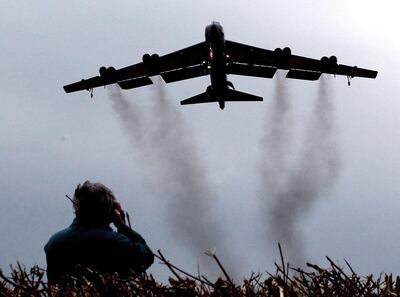 (FILES) In this file photo taken on March 03, 2003, a B-52 Bomber arrives at RAF Fairford from Texas. The US Air Force is deploying massive B-52 Stratofortress bombers to the Gulf in response to an alleged possible plan by Iran to attack American forces in the region, the Pentagon said on May 7, 2019. / AFP / GERRY PENNY
