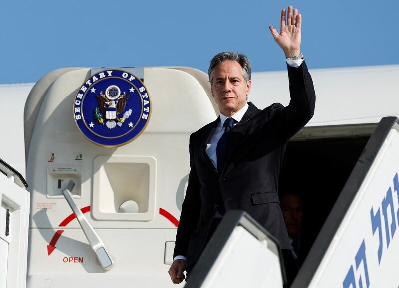 U. S.  Secretary of State Antony Blinken waves as he disembarks from an aircraft during his visit to Israel. Reuters