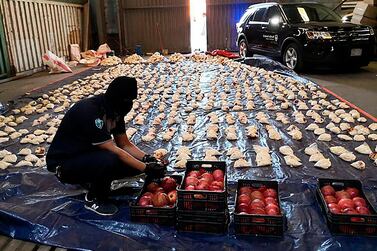 A Saudi Customs officer opens pomegranates after an attempt to smuggle millions of Captagon pills inside a shipment of the fruit from Lebanon through Jeddah Islamic Port was foiled. Saudi Press Agency via AP