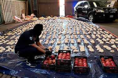 A Saudi Customs officer opens pomegranates after an attempt to smuggle millions of Captagon pills inside a shipment of the fruit from Lebanon through Jeddah Islamic Port was foiled. Saudi Press Agency via AP