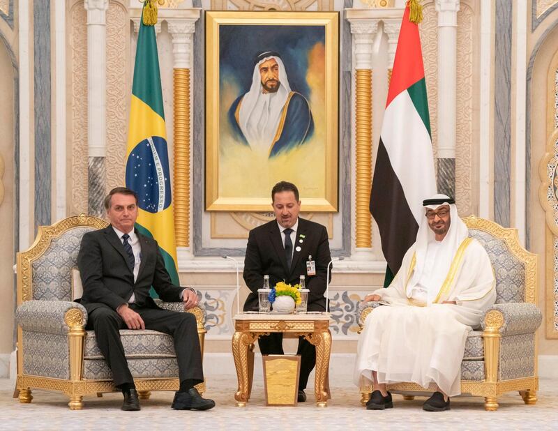 Sheikh Mohamed bin Zayed, Crown Prince of Abu Dhabi and Deputy Supreme Commander of the UAE Armed Forces, meets Jair Bolsonaro, President of Brazil, at the Presidential Palace in Abu Dhabi on Sunday. Courtesy Sheikh Mohamed bin Zayed Twitter