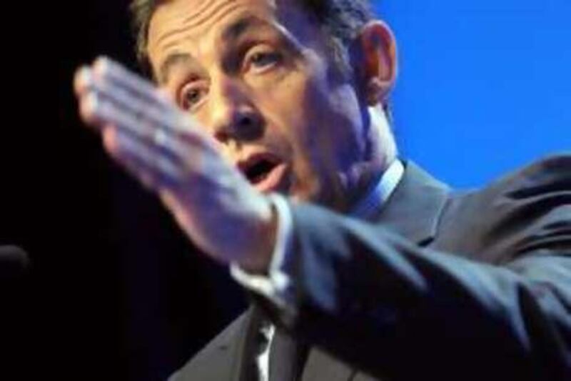 French president Nicolas Sarkozy delivers a speech during a meeting of French ruling with-wing party Union for a Popular Movement (UMP) on July 5, 2008 in Paris. French President Nicolas Sarkozy urged his Polish counterpart to ratify the European Union's Lisbon Treaty, despite Ireland's rejection, as France seeks to resolve the first crisis of its EU presidency. AFP PHOTO / Martin Bureau