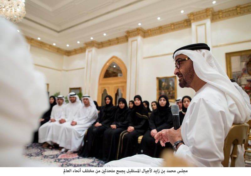 Sheikh Mohammed bin Zayed, Crown Prince of Abu Dhabi and Deputy Supreme Commander of the Armed Forces, speaks at a majlis. The first Mohammed bin Zayed Majlis for Future Generations will take place next week. Wam