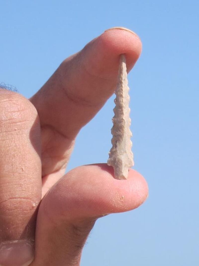 Flint arrowhead found at site MR11, Marawah Island. This type of arrowhead is known as a trihedral point, because of its triangular cross section. It dates to between the 6th to early 5th millennium BC.