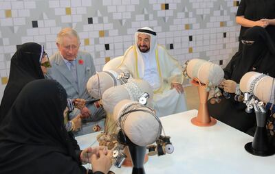 Sheikh Dr Sultan bin Muhammad Al Qasimi, Ruler of Sharjah and Prince Charles meet with women artisans from Irthi Contemporary Crafts Council. 