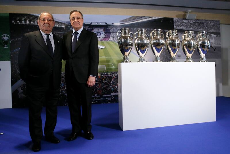 Honourary president of Real Madrid, Paco Gento, left, poses next to club's president, Florentino Perez during an event at the Bernabeu Stadium in Madrid, Spain, 19 April 2016. EPA